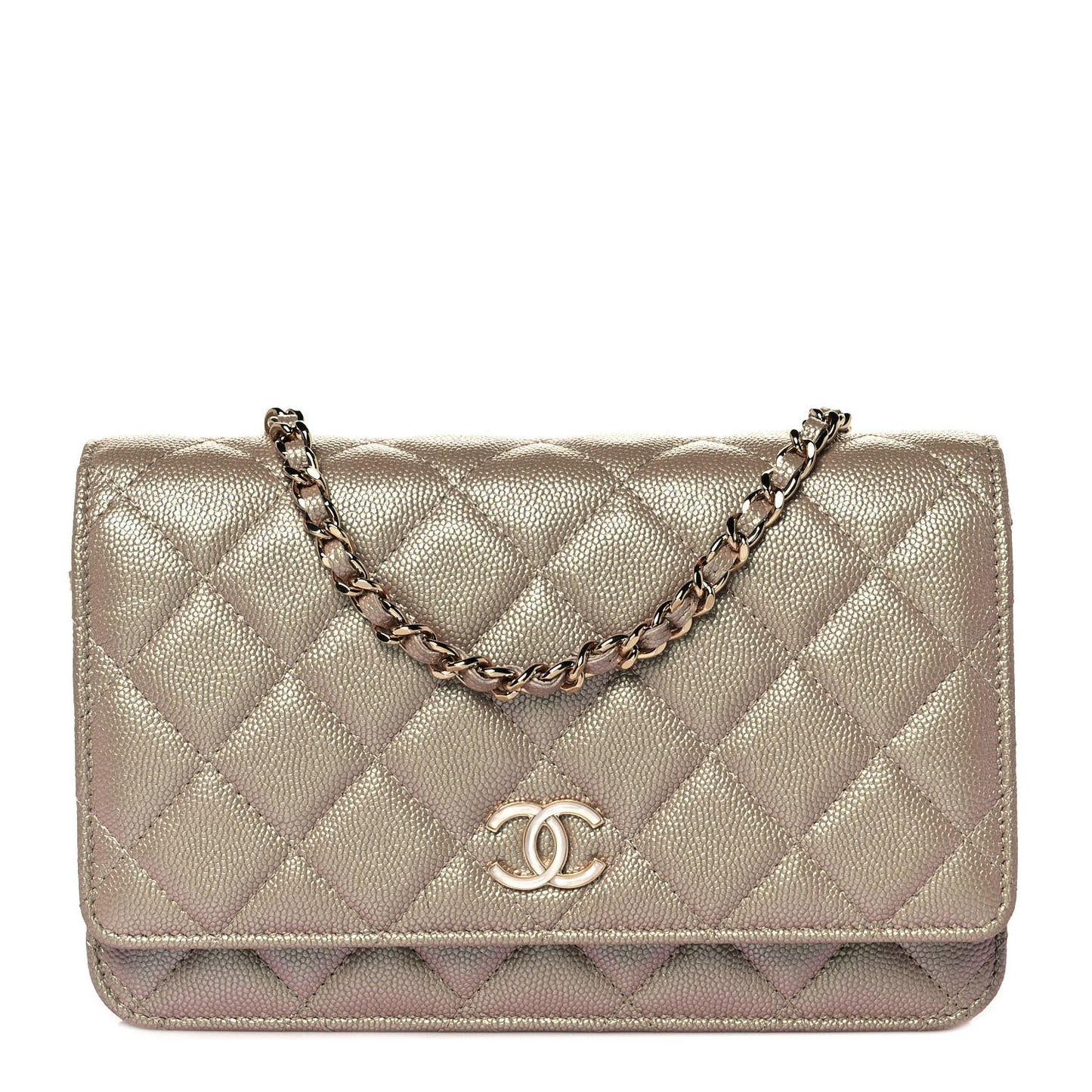 Iridescent Caviar Quilted Wallet On Chain WOC Beige