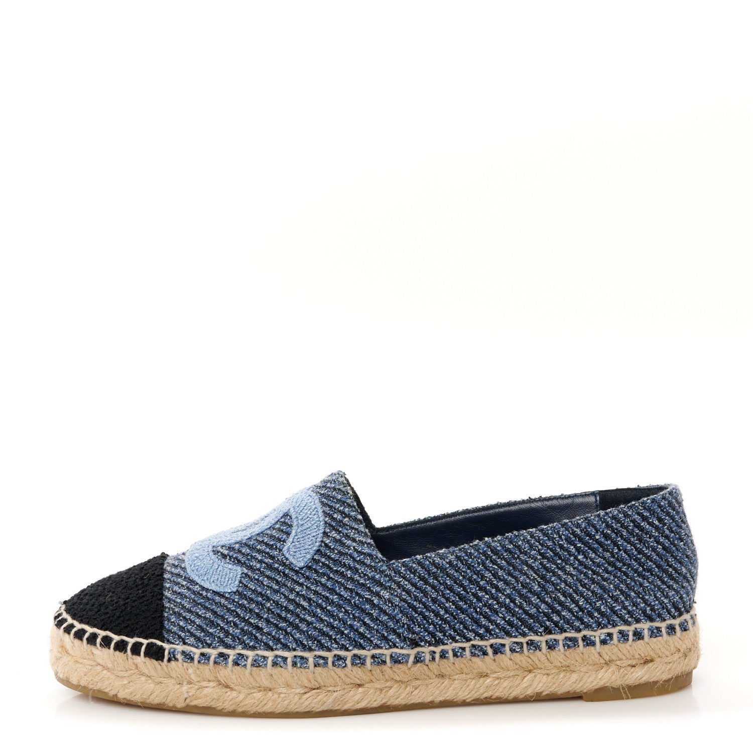 Chanel Cotton Tweed CC Espadrilles 38 Blue Ecru Black 1 of 11