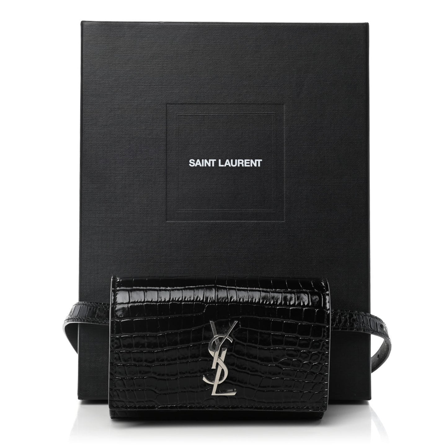 Calfskin Crocodile Embossed Monogram Kate Belt Bag Black