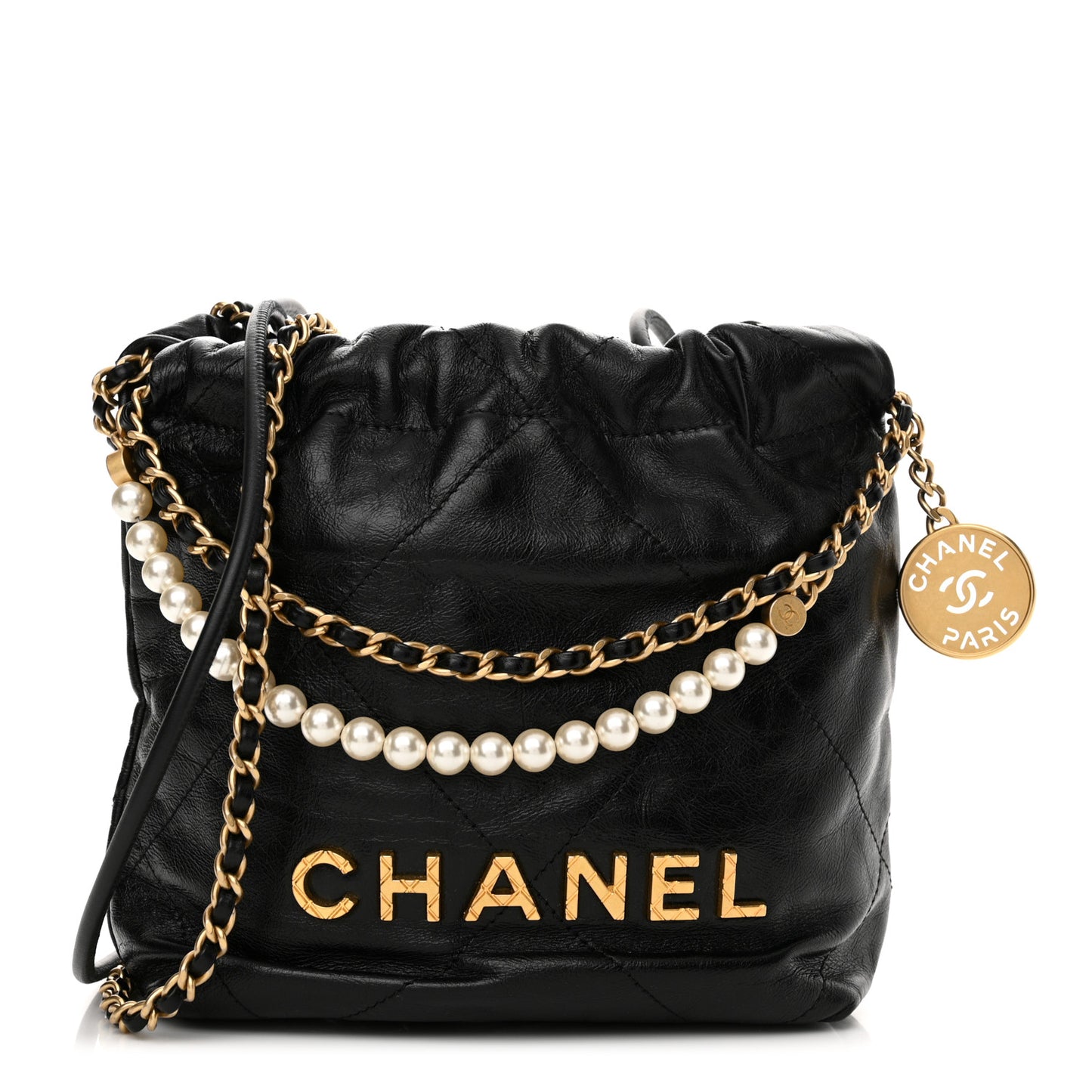 Shiny Crumpled Calfskin Quilted Pearl Mini Chanel 22 Black