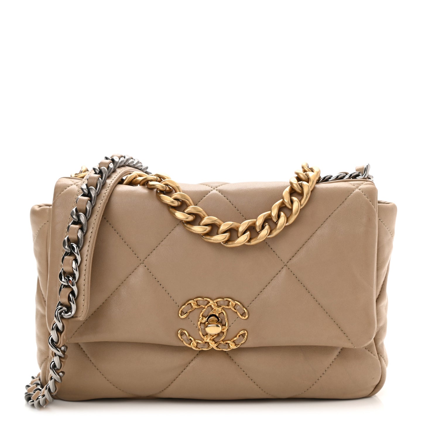 Lambskin Quilted Medium Chanel 19 Flap Dark Beige