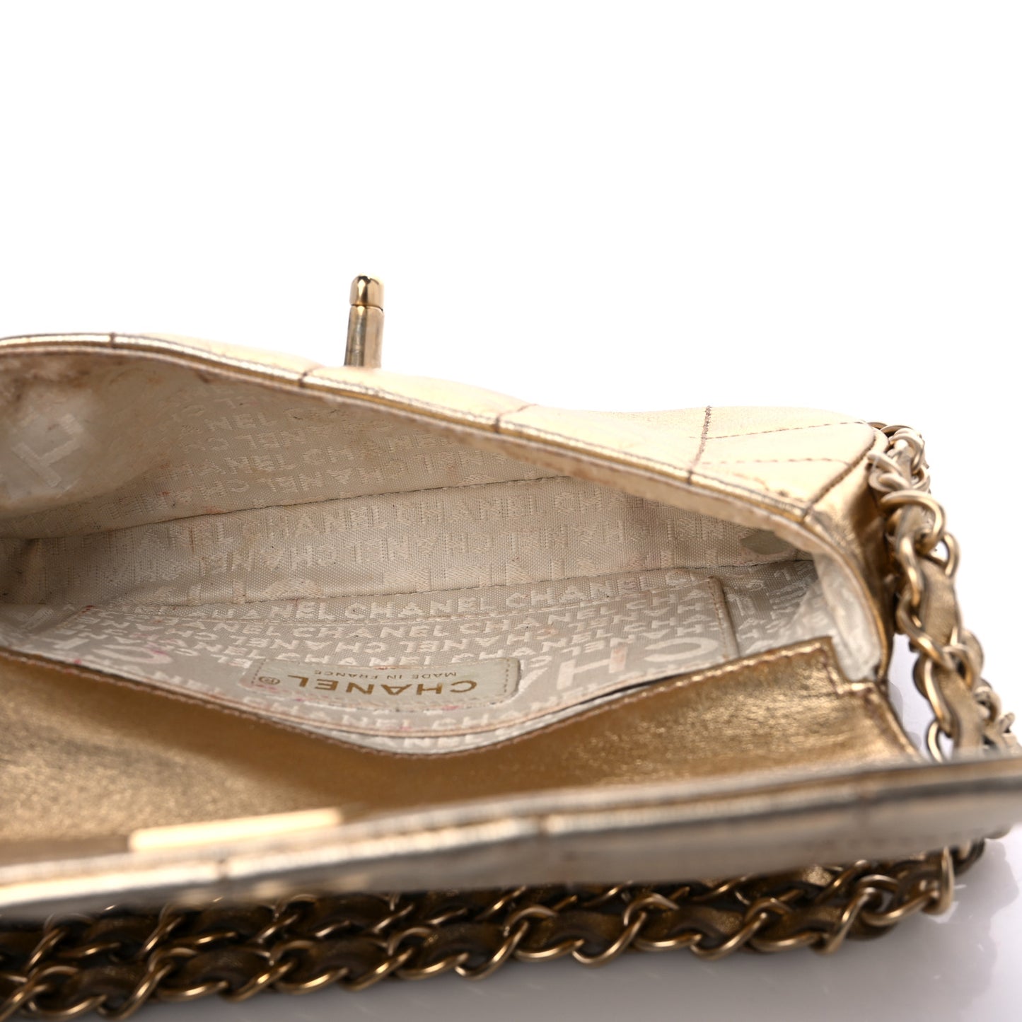 Metallic Lambskin Quilted Chocolate Bar 3 Chain Flap Gold