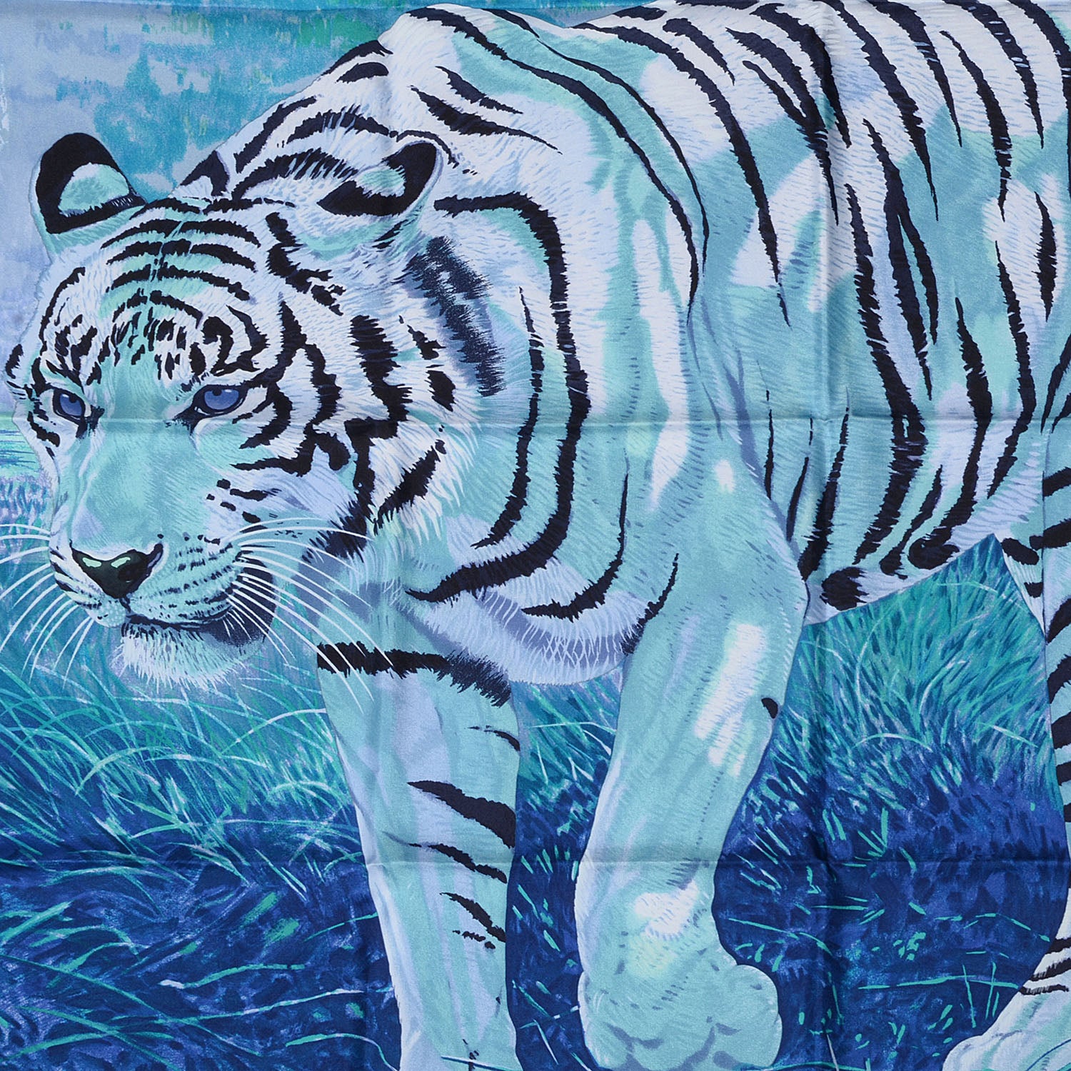 Hermes Silk Tigre du Bengale Scarf 90 Bleu Dur Ciel Turquoise Bleu 1 of 5