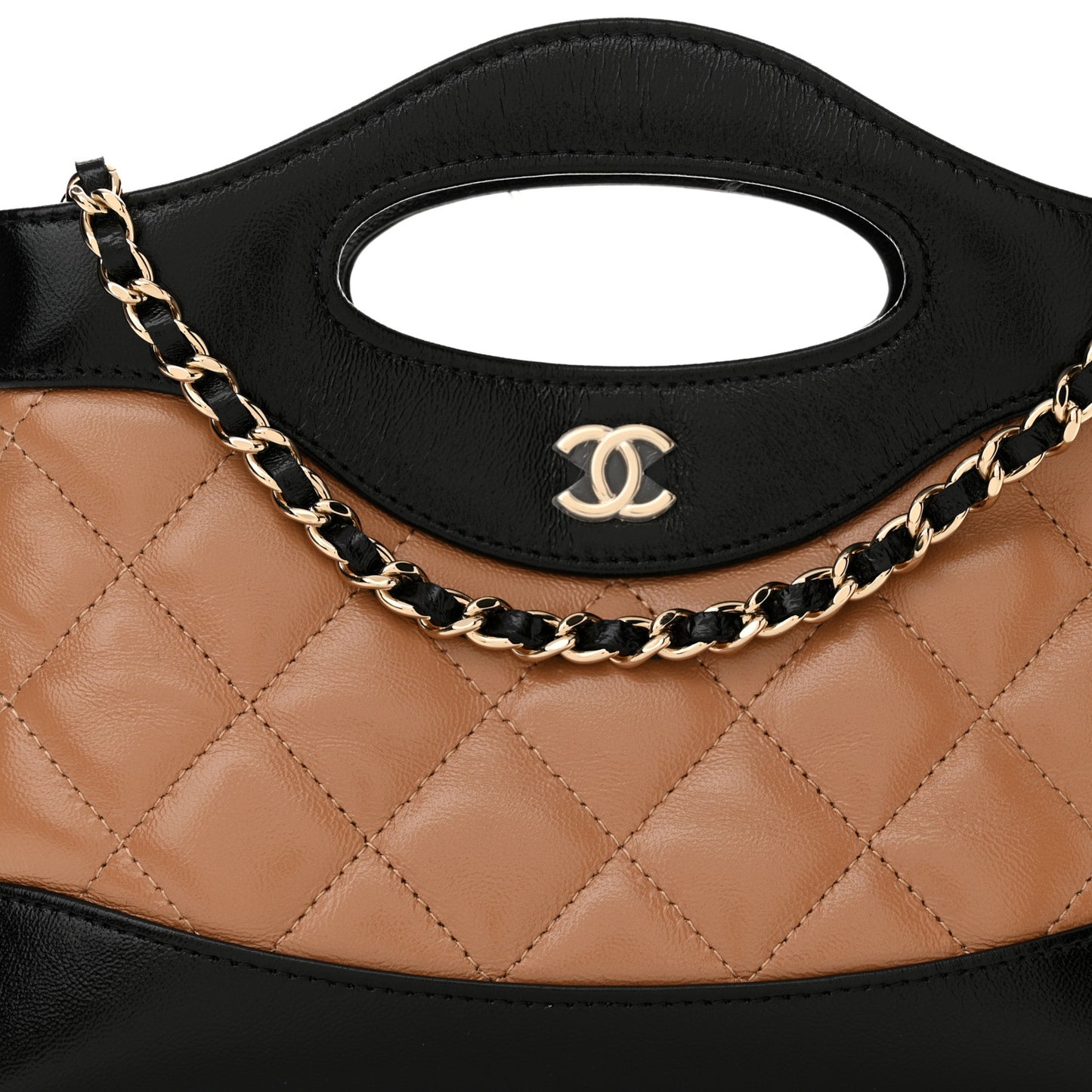Shiny Crumpled Calfskin Quilted Nano 31 Shopping Bag Dark Beige Black