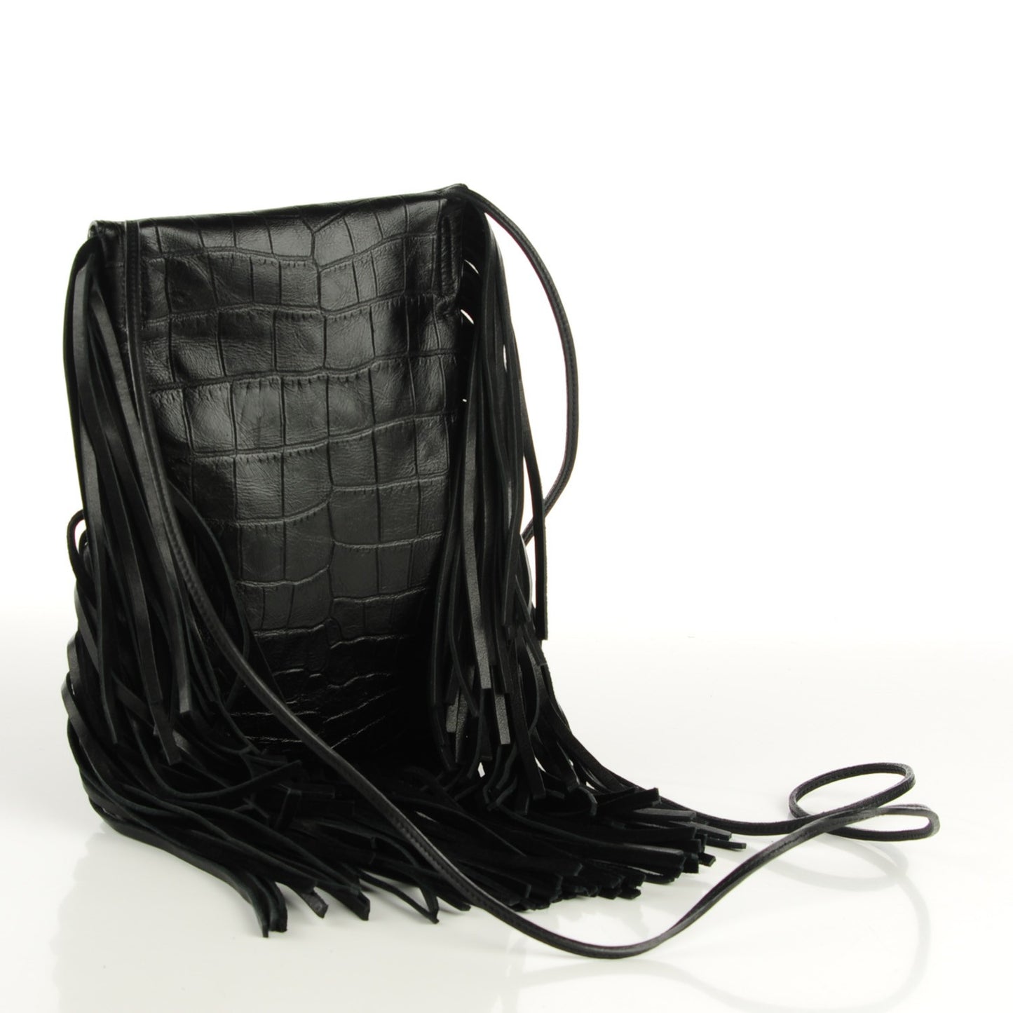 Calfskin Crocodile Embossed Tasseled Flat Anita Bag Black