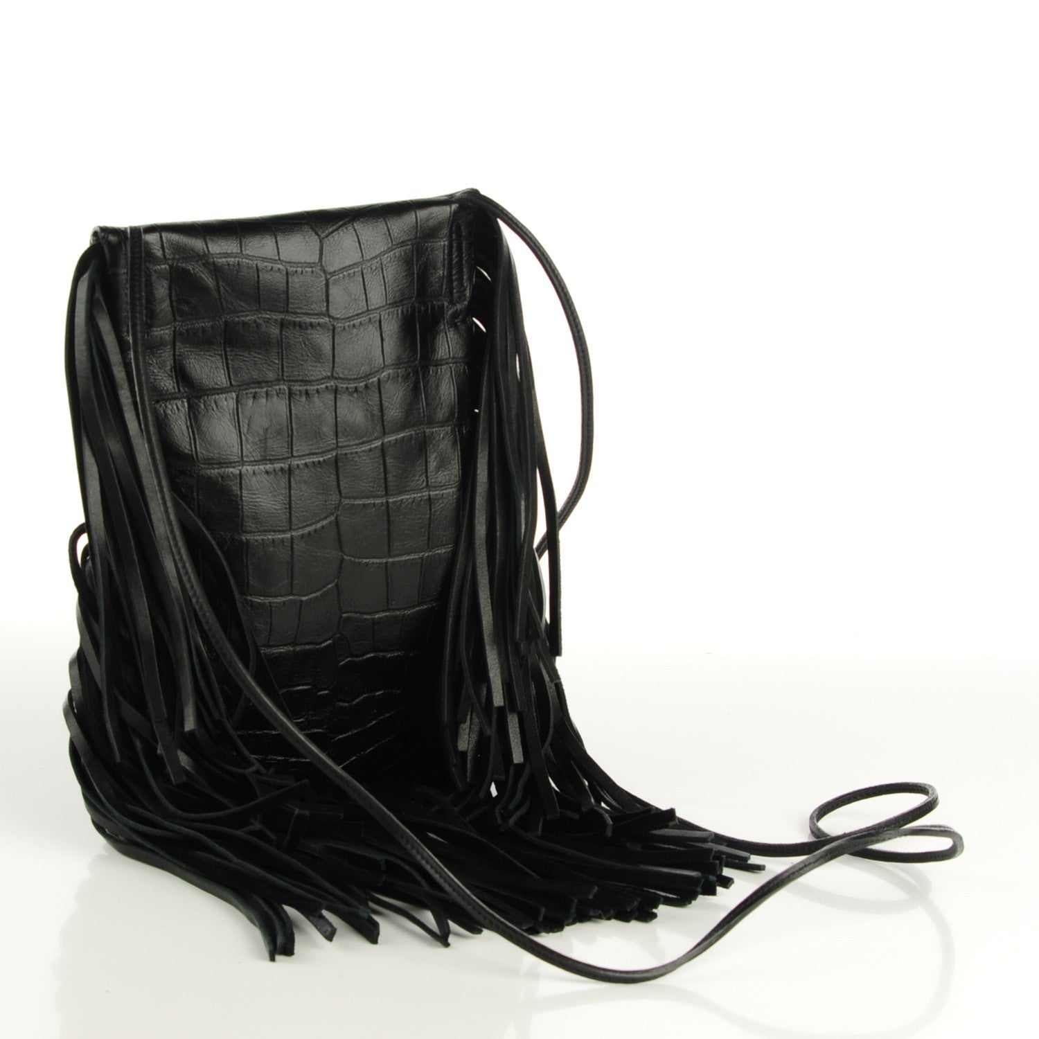 Saint Laurent Calfskin Crocodile Embossed Tasseled Flat Anita Bag Black 3 of 7