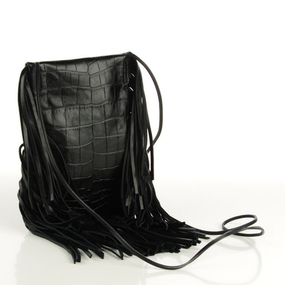 Saint Laurent Calfskin Crocodile Embossed Tasseled Flat Anita Bag Black 3 of 7