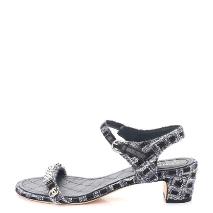 Chanel Tweed CC Chain Sandals 37.5 Navy Black 1 of 8