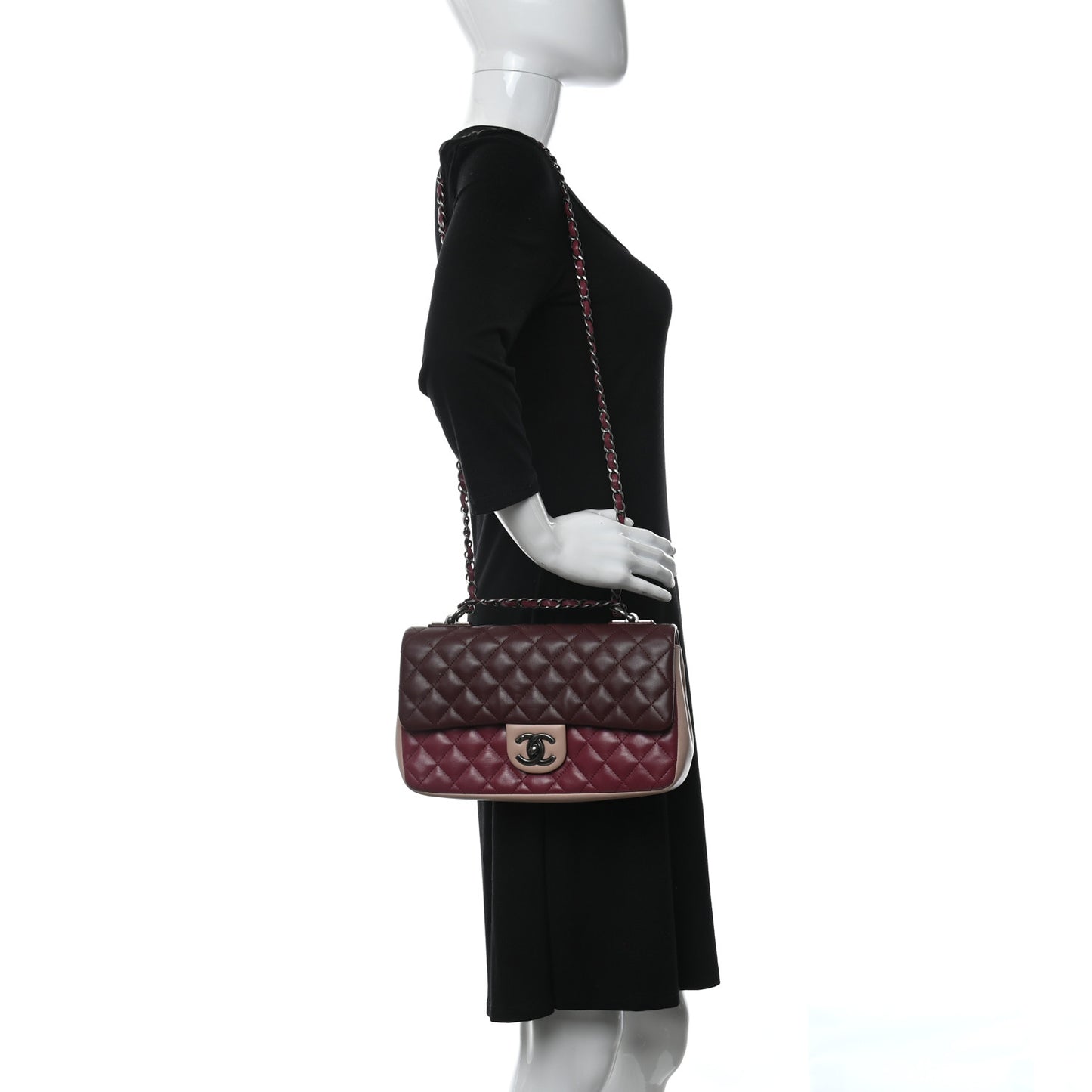 Lambskin Quilted Medium Tri-Color Flap Burgundy Dark Pink