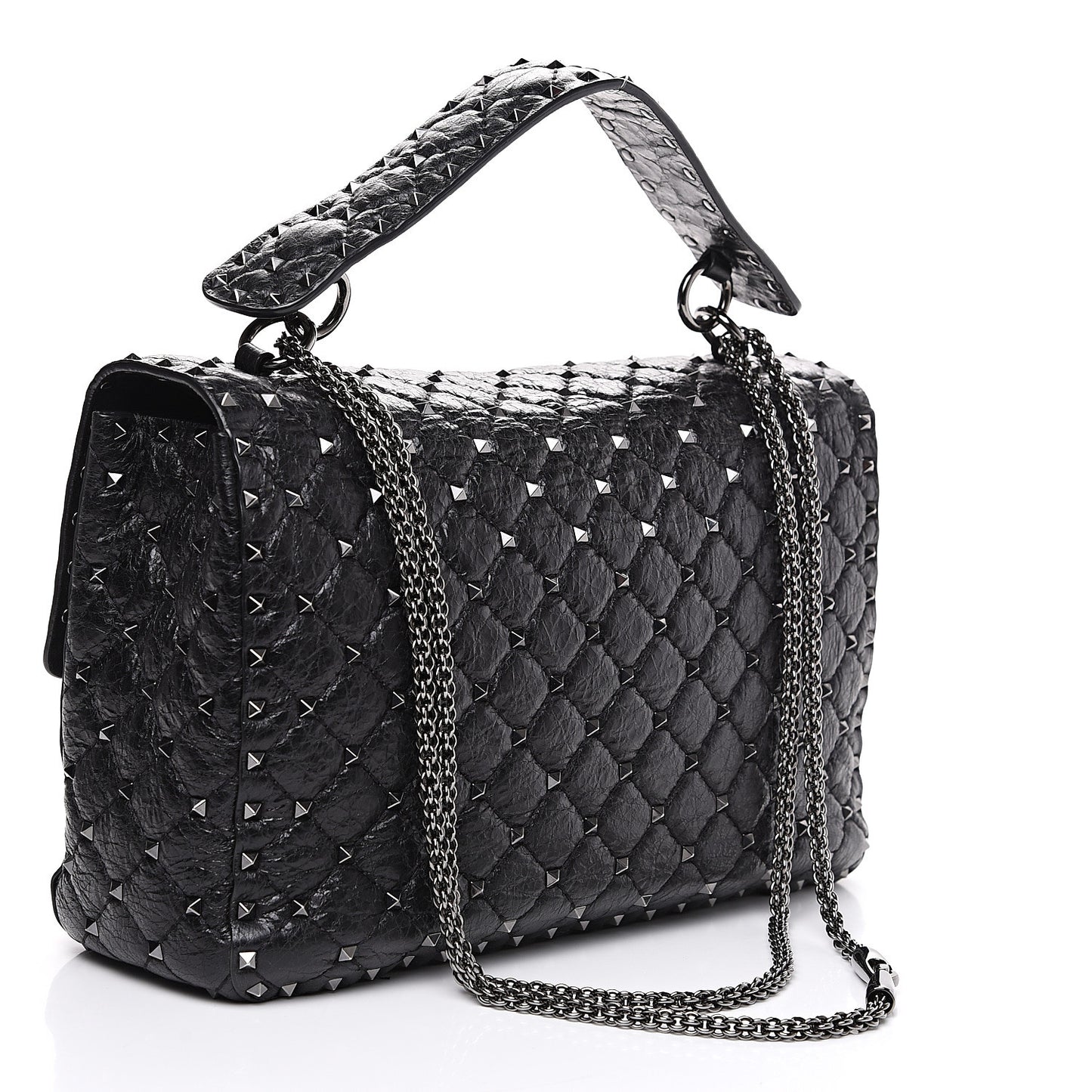Craquele Nappa Large Rockstud Spike Shoulder Bag Black
