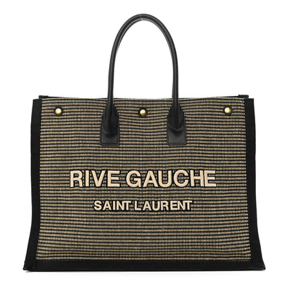 Saint Laurent Embroidered Cotton Linen Rive Gauche Noe Tote Black Beige 1 of 11