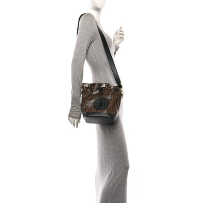Fendi Glazed Fabric Vitello Grace F is Fendi FF 1974 Stamp Patch Grande Mon Tresor Bucket Bag Mogano Panna Black 2 of 12
