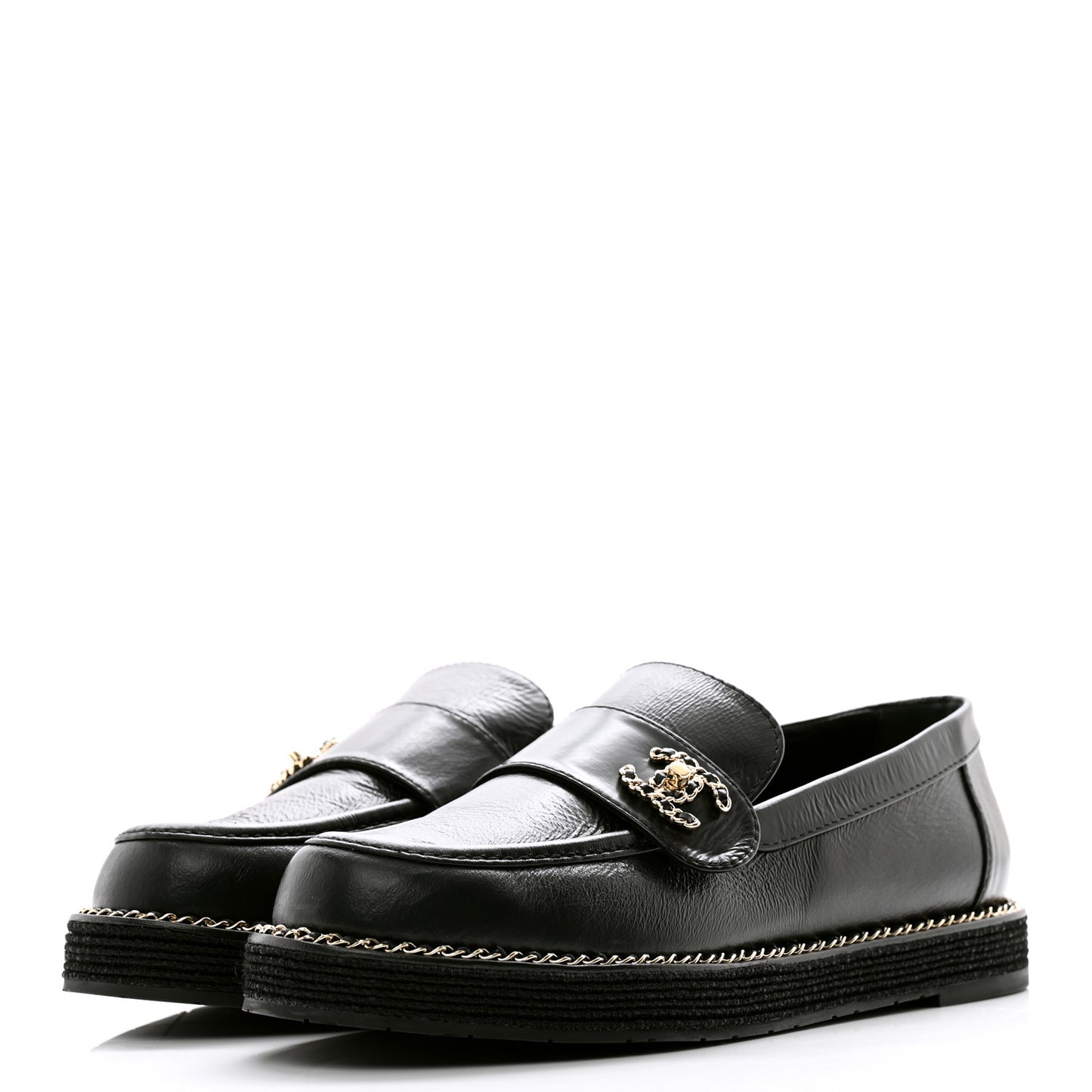 Shiny Calfskin CC Moccasin Loafers 38 Black
