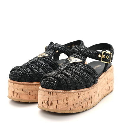 Prada Raffia Cork Metal Triangle Logo Crochet Fisherman Platform 75mm Sandals 39 Black 4 of 10