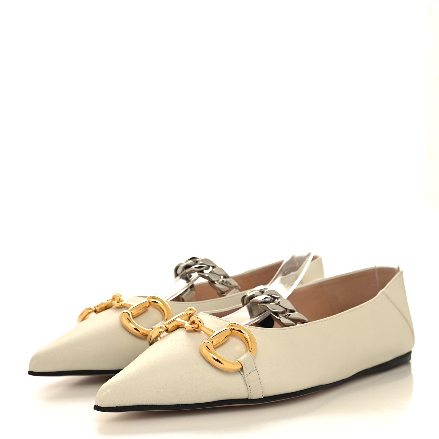 Gucci Nappa Lumiere Deva Horsebit Chain Embellished Flats 36.5 Dusty White 3 of 9