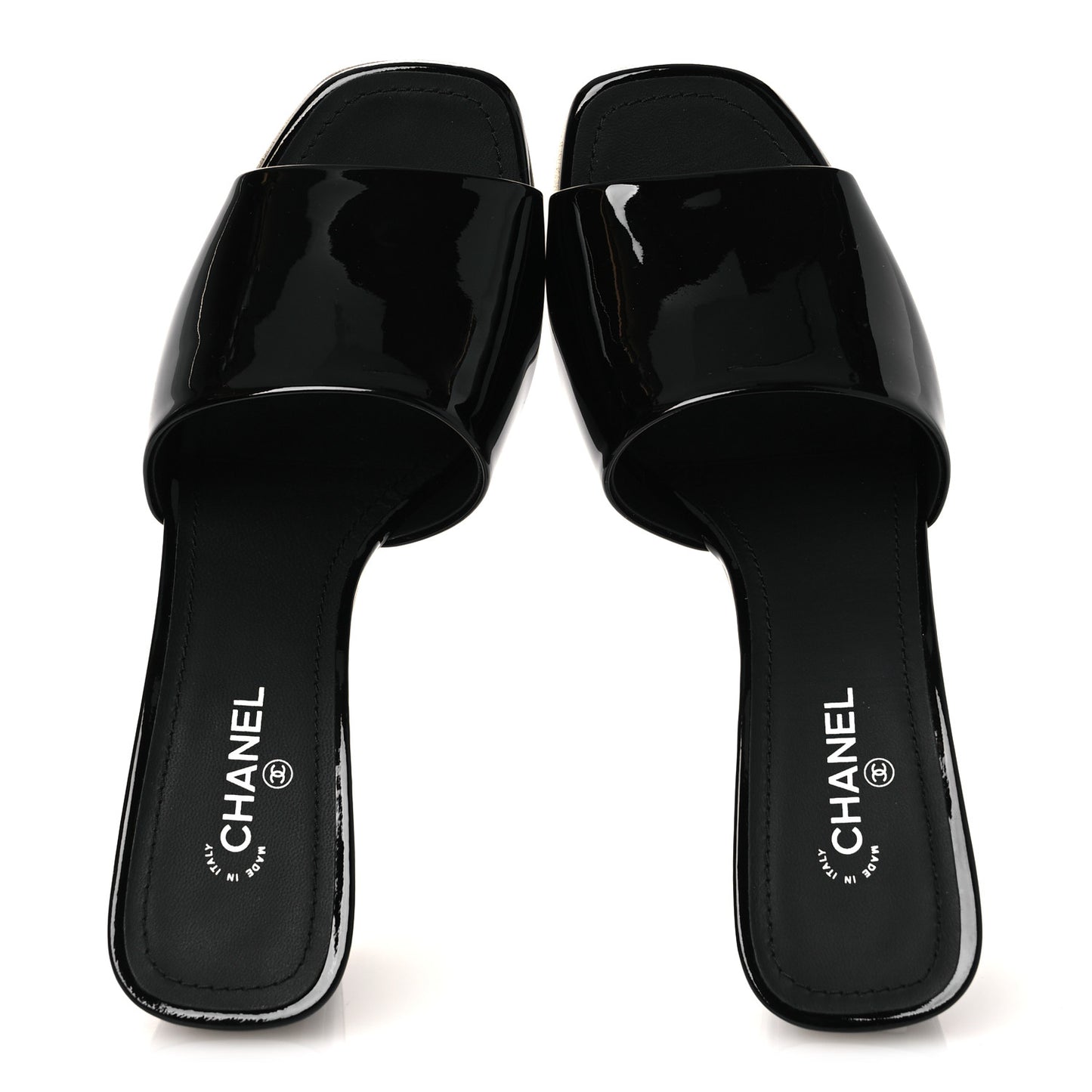 Patent Calfskin CC Mules 37.5 Black White