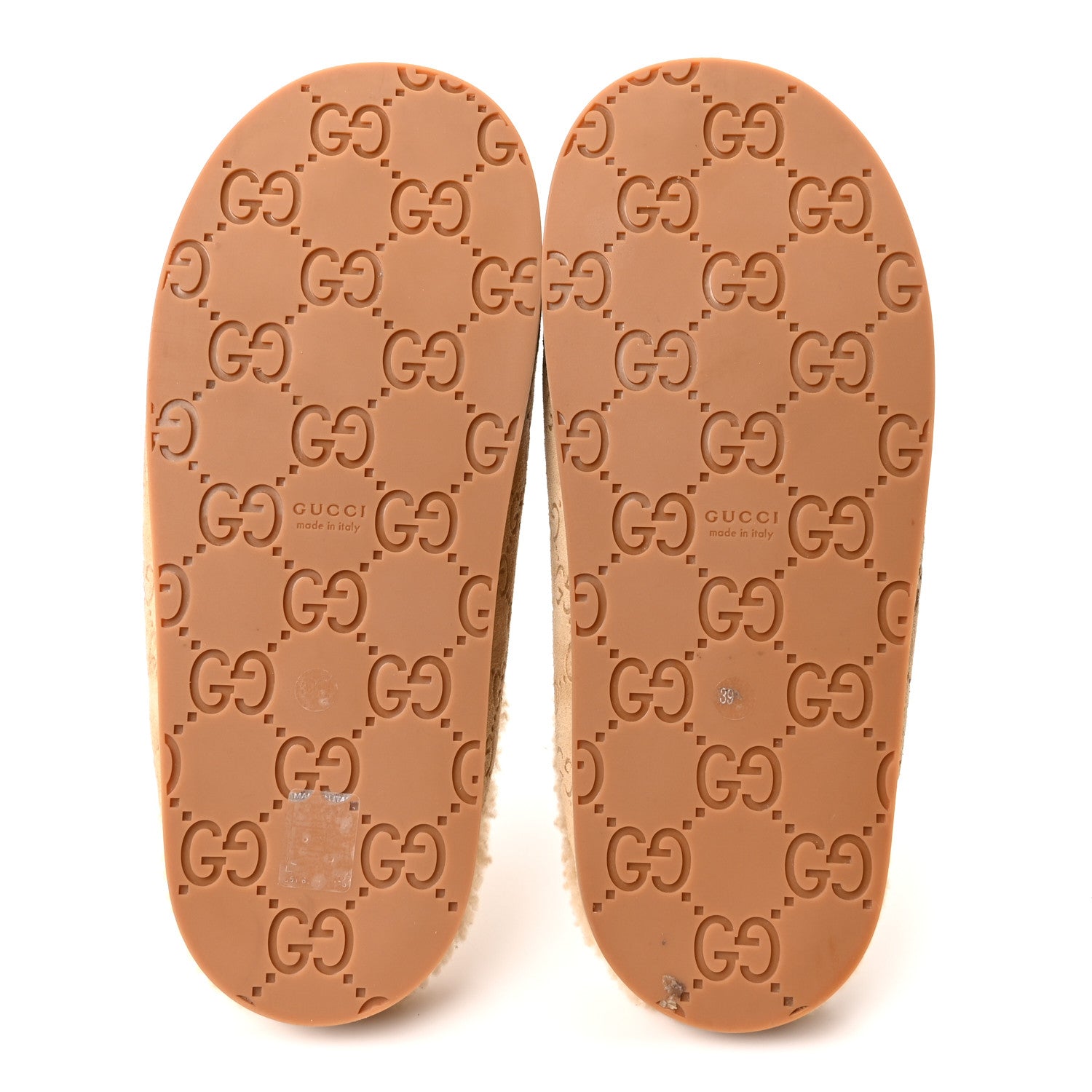 Gucci Suede GG Debossed Shearling Womens Horsebit Mules 39 Beige