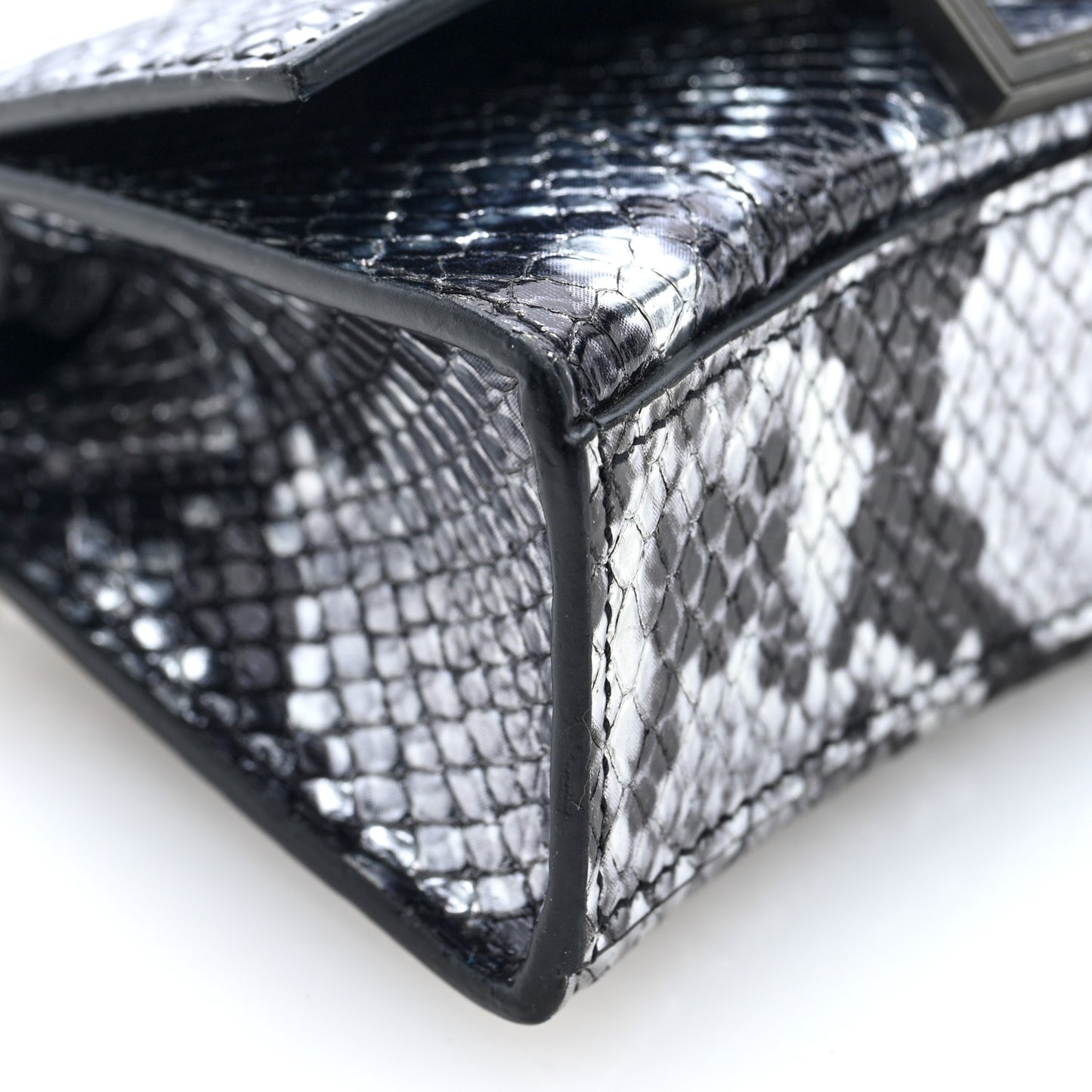 Shiny Calfskin Snakeskin Effect Hourglass Top Handle Bag Mini Silver Black