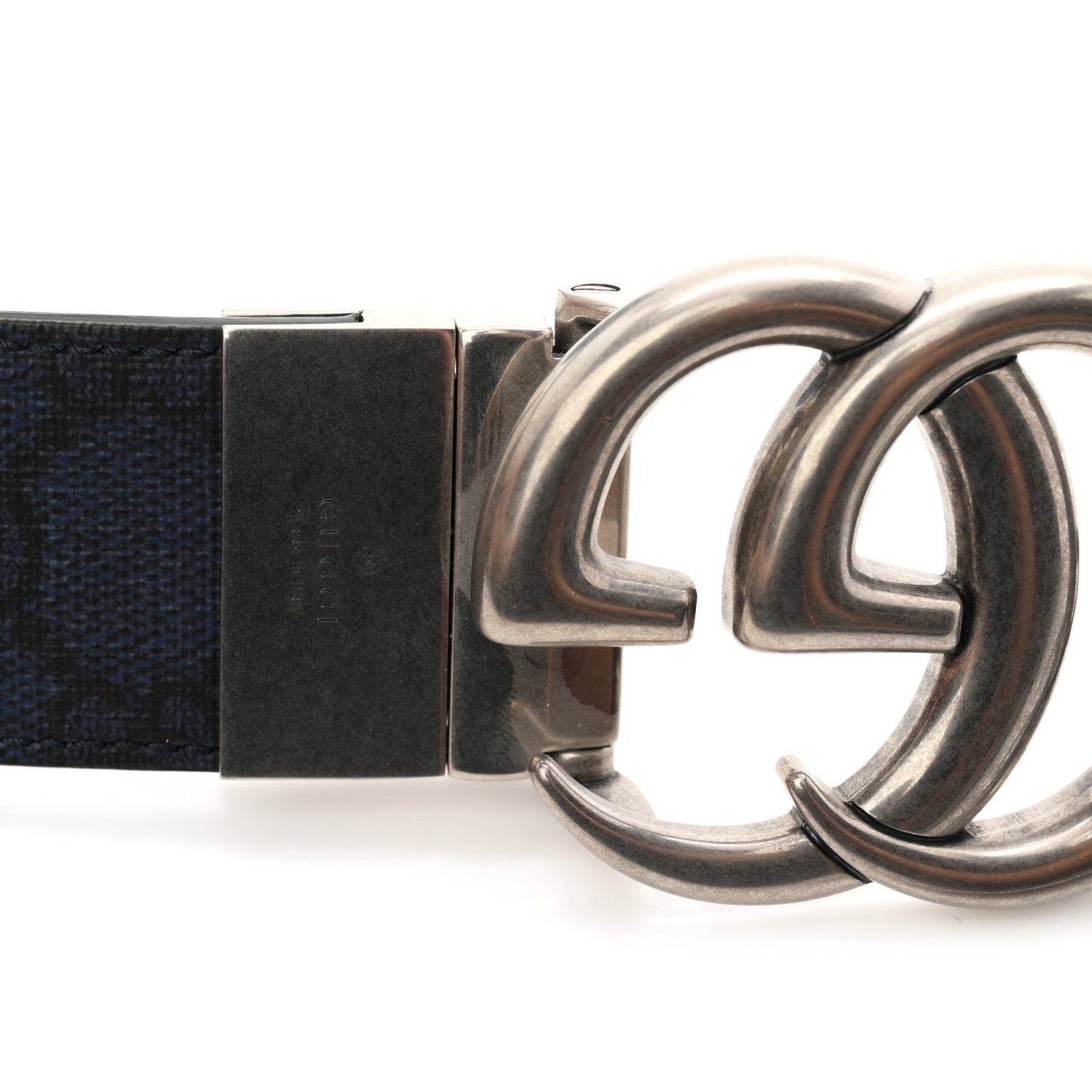 GG Supreme Monogram Plutone Calfskin Palladium Double G Reversible 37mm Belt 105 42 Black Blue