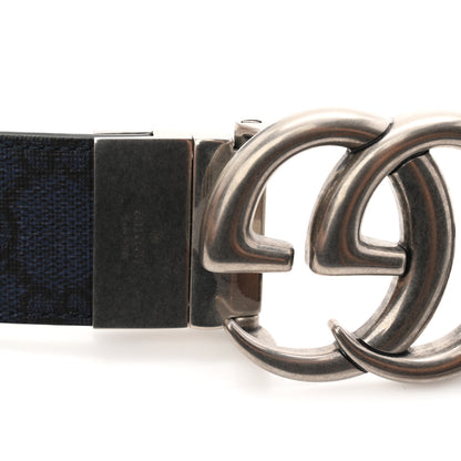 Gucci GG Supreme Monogram Plutone Calfskin Palladium Double G Reversible 37mm Belt 105 42 Black Blue 3 of 6