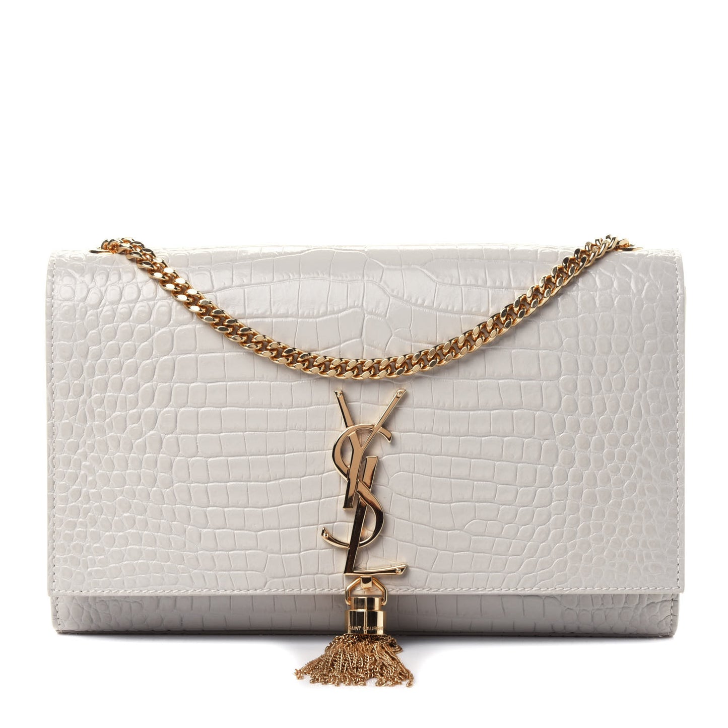 Calfskin Crocodile Embossed Medium Classic Monogram Kate Tassel Satchel Crema Soft