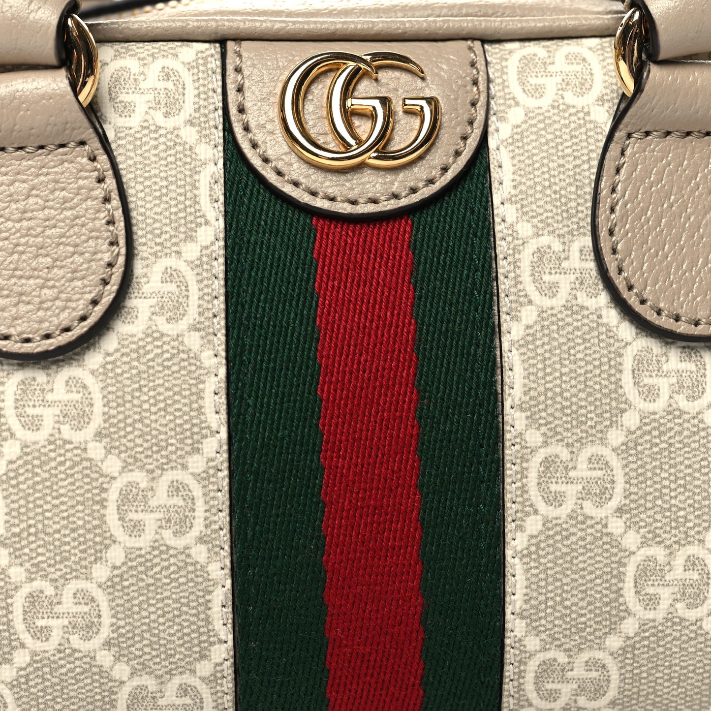 GG Supreme Monogram Textured Dollar Calfskin Web Mini Ophidia Top Handle Bowler Bag Beige Mystic White Oatmeal