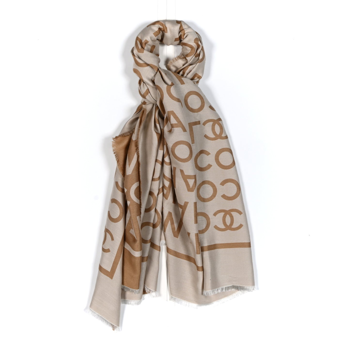 Wool Cashmere Silk CC Scarf Beige White