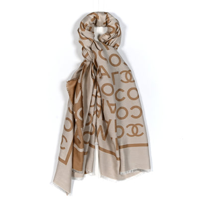 Chanel Wool Cashmere Silk CC Scarf Beige White 1 of 3