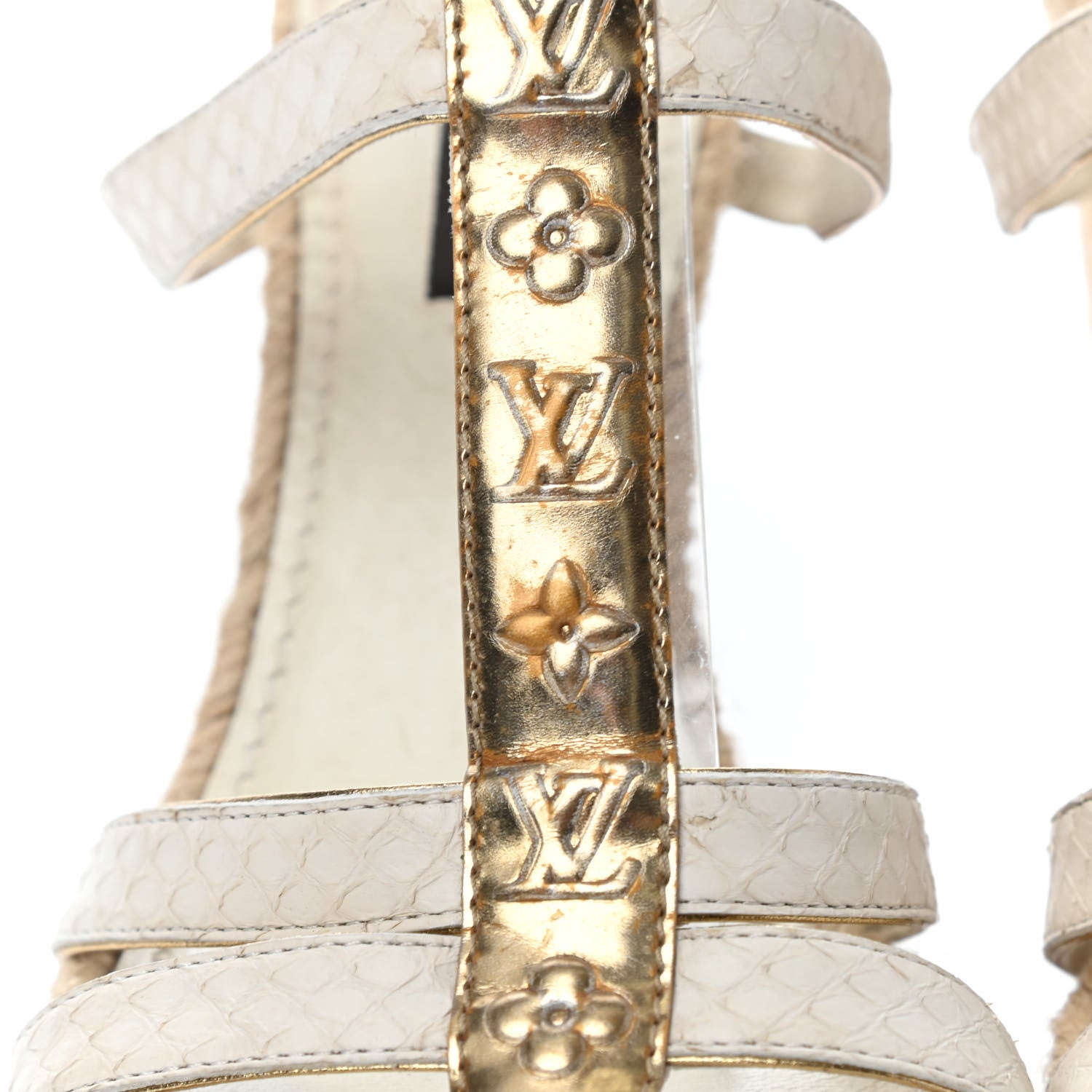 Louis Vuitton Snakeskin Metallic Bahamas T-Strap Espadrille Wedge Sandals 36 White 5 of 5
