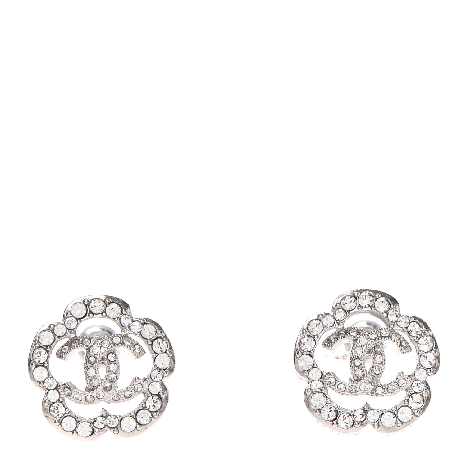 Chanel Crystal Coco Flapper Camellia CC Stud Earrings Silver 1 of 4