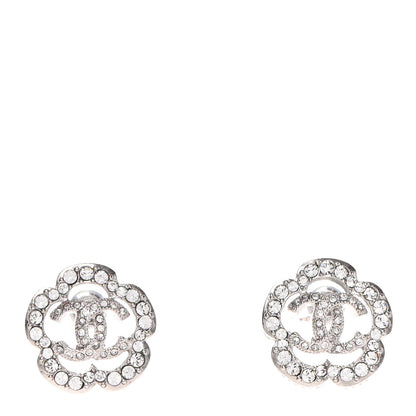 Chanel Crystal Coco Flapper Camellia CC Stud Earrings Silver 1 of 4