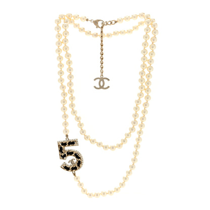 Chanel Pearl Crystal Lambskin Chain CC No 5 Long Necklace Gold 3 of 4