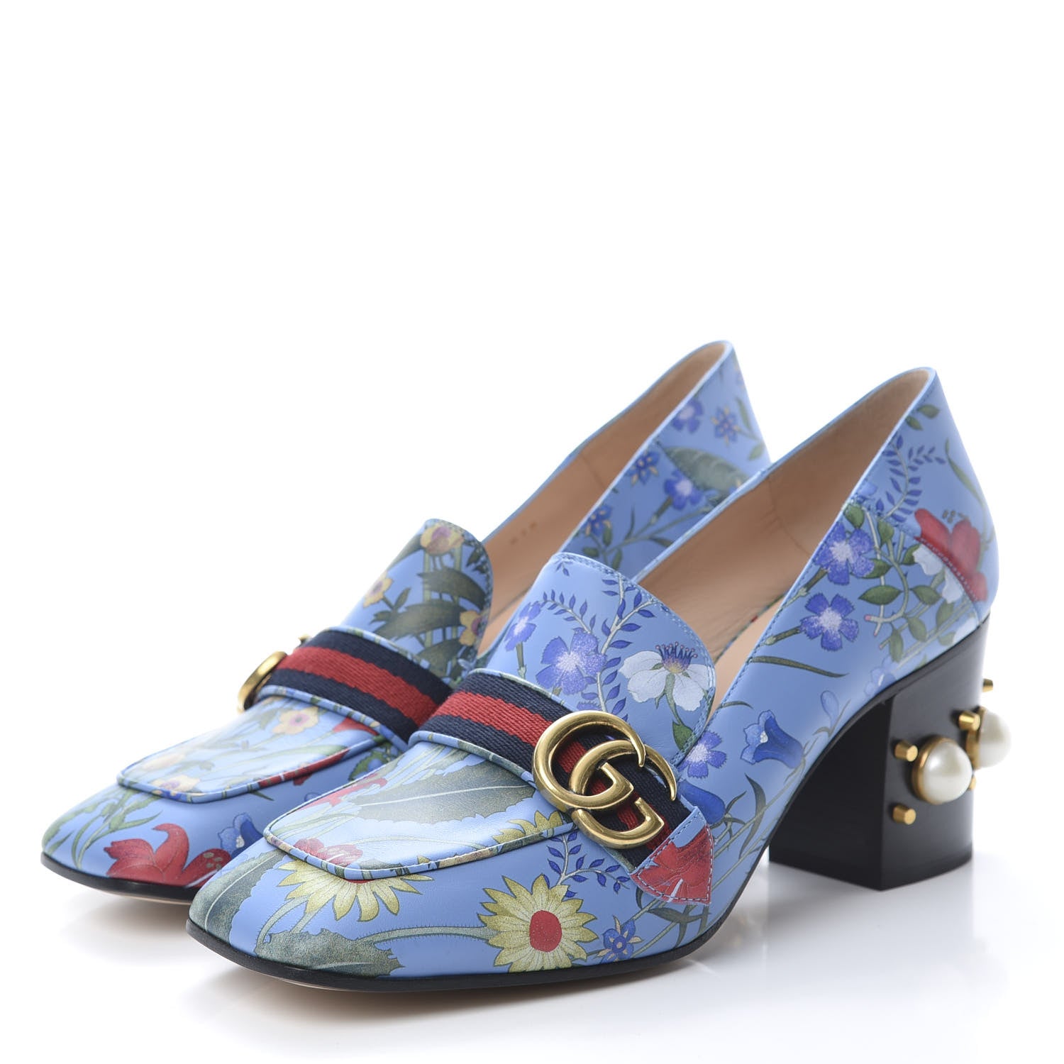 Gucci Apollo Calfskin Web Pearl New Flora Peyton 75mm Loafer Pumps 41 Azure 3 of 8