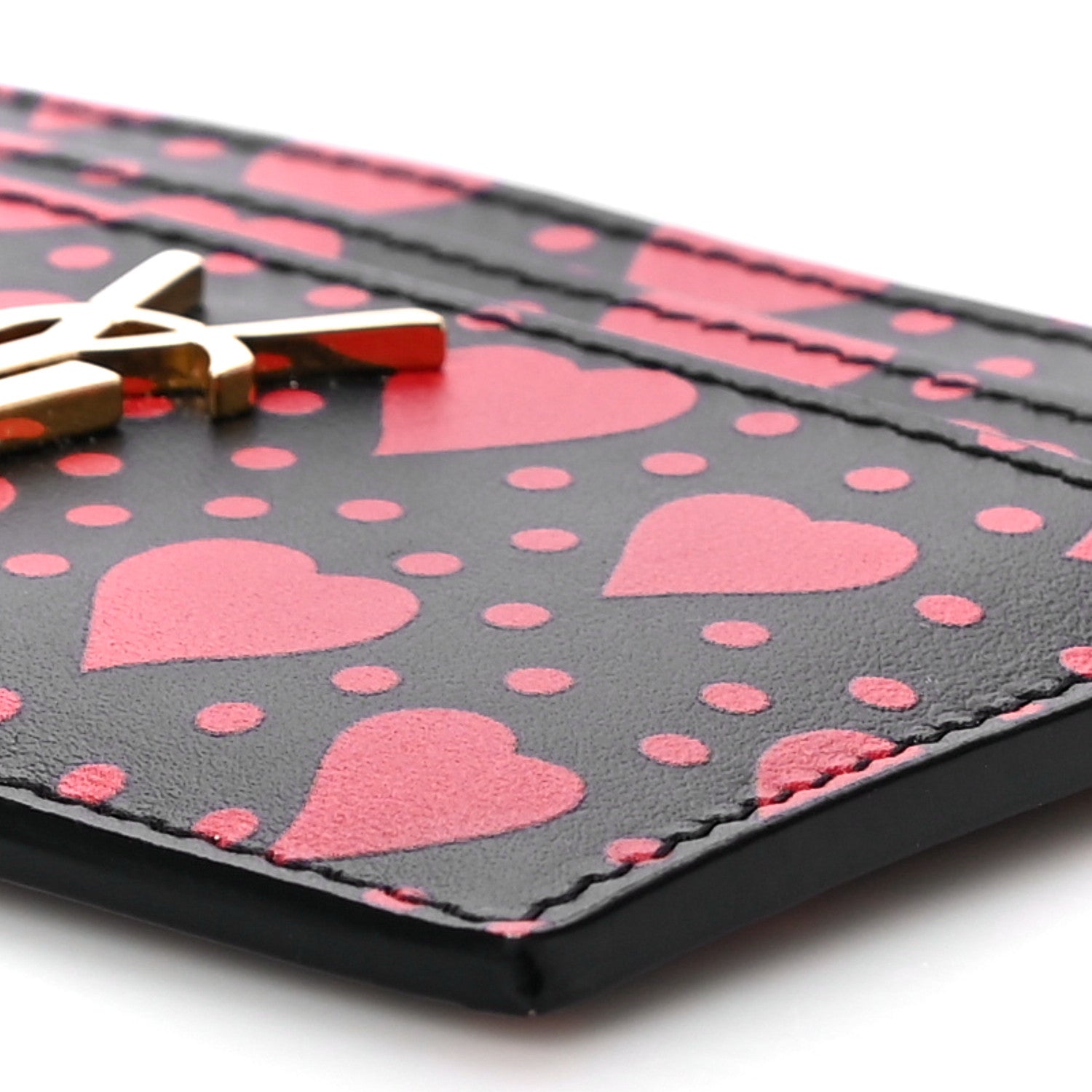 Saint Laurent Calfskin Heart Print Monogram Credit Card Case Black Red 10 of 12