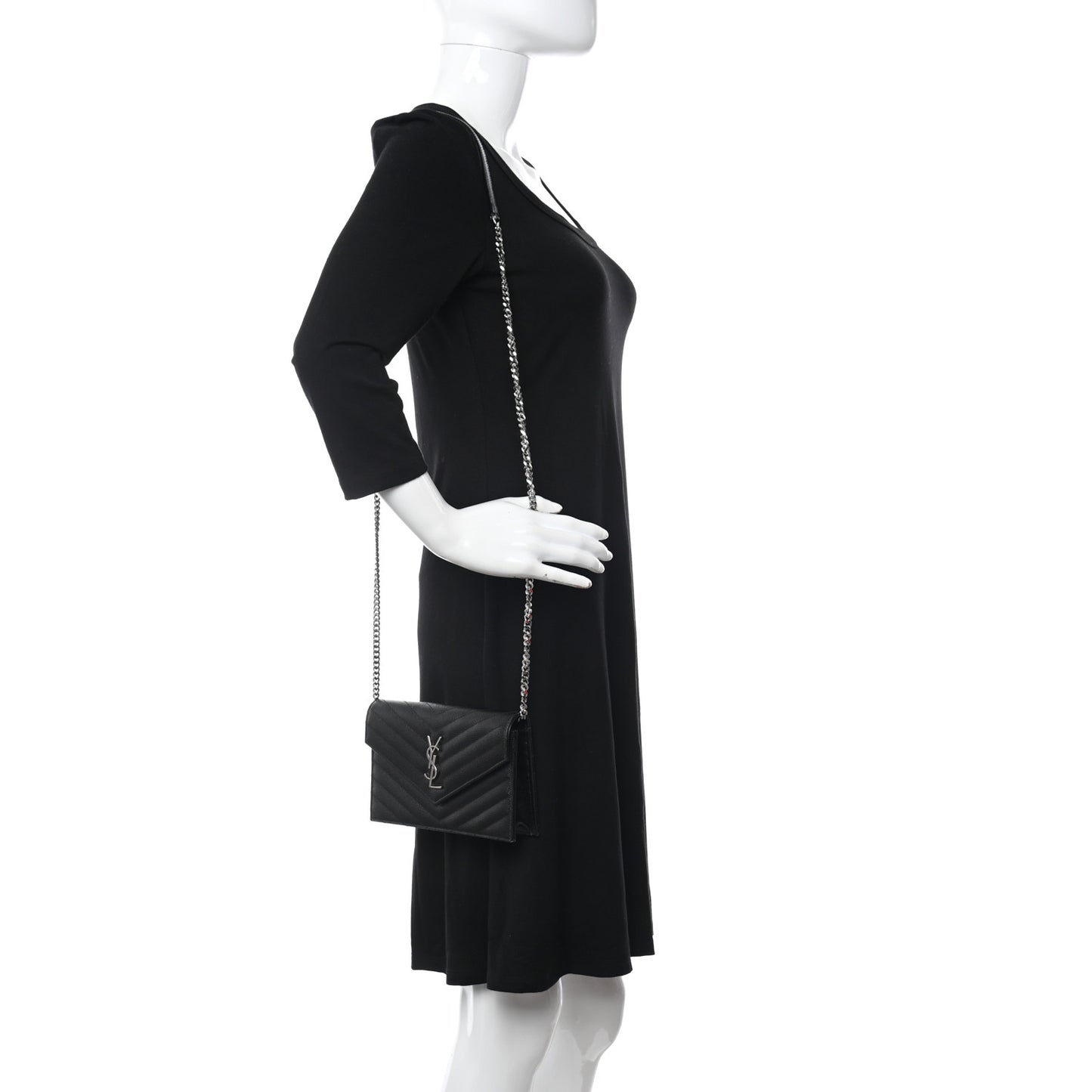 Grain De Poudre Matelasse Chevron Monogram Envelope Chain Wallet Black