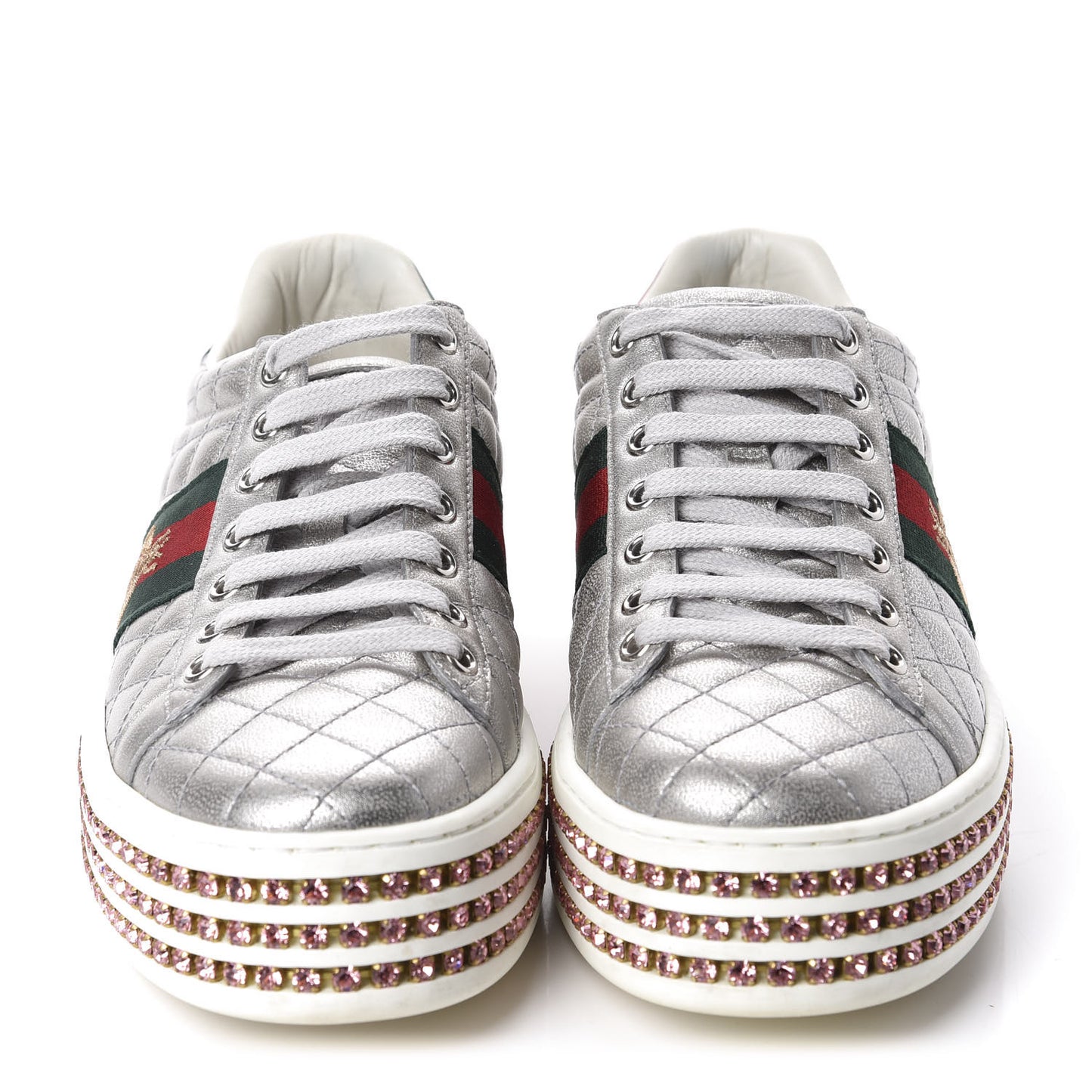 Laminated Nappa Crystal Web Bee Embroidered Trapuntata Womens Ace Platform Sneakers 36.5 Argento