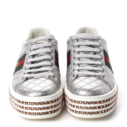 Gucci Laminated Nappa Crystal Web Bee Embroidered Trapuntata Womens Ace Platform Sneakers 36.5 Argento 2 of 12