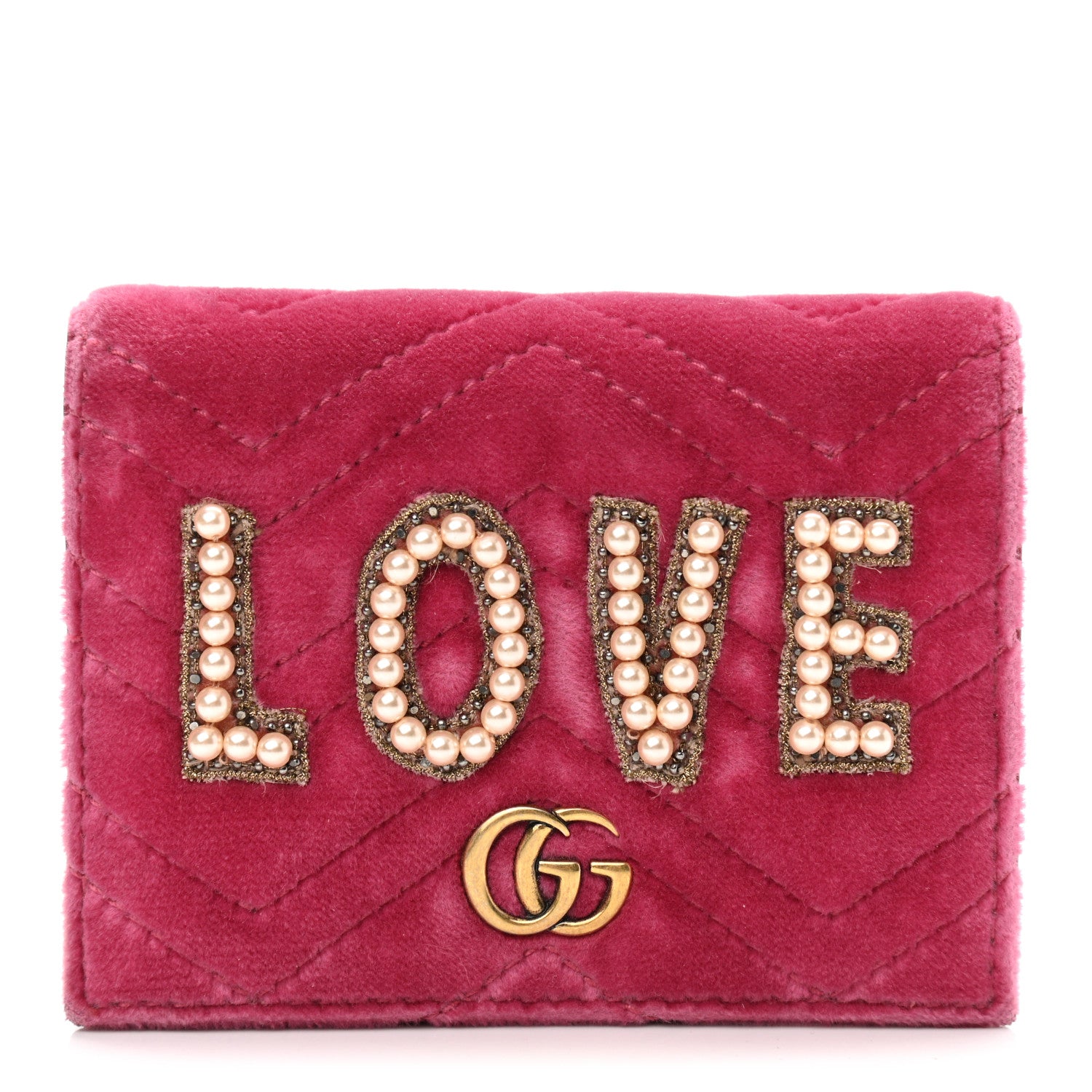 Gucci Velvet Matelasse Pearl Love Embroidered GG Marmont Card Case Wallet Light Raspberry Rose 1 of 10