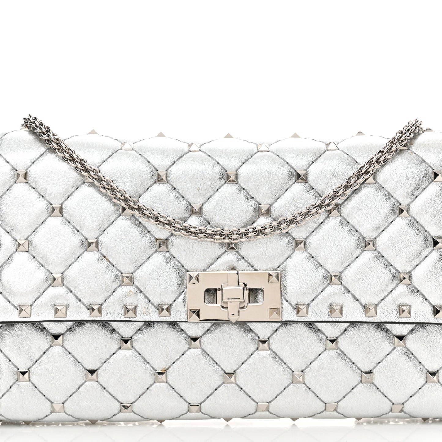Metallic Lambskin Rockstud Spike Wallet on Chain Silver