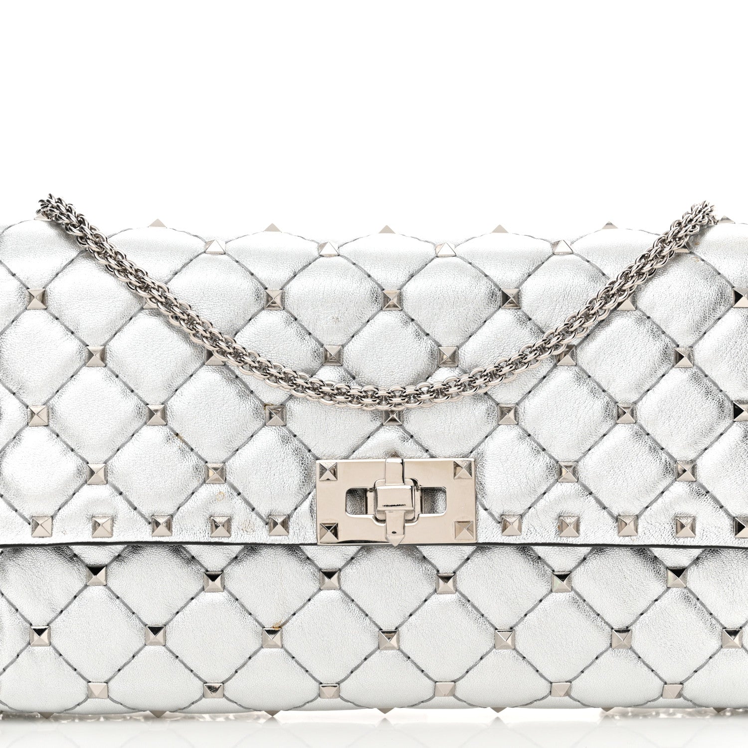 Valentino Garavani Metallic Lambskin Rockstud Spike Wallet on Chain Silver 7 of 11