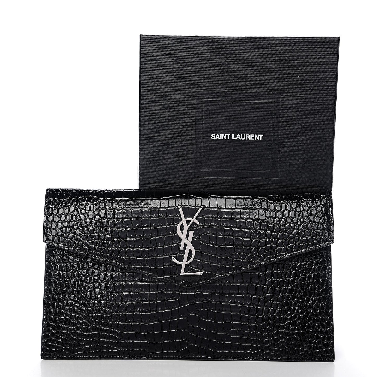 Calfskin Crocodile Embossed Uptown Monogram Clutch Black