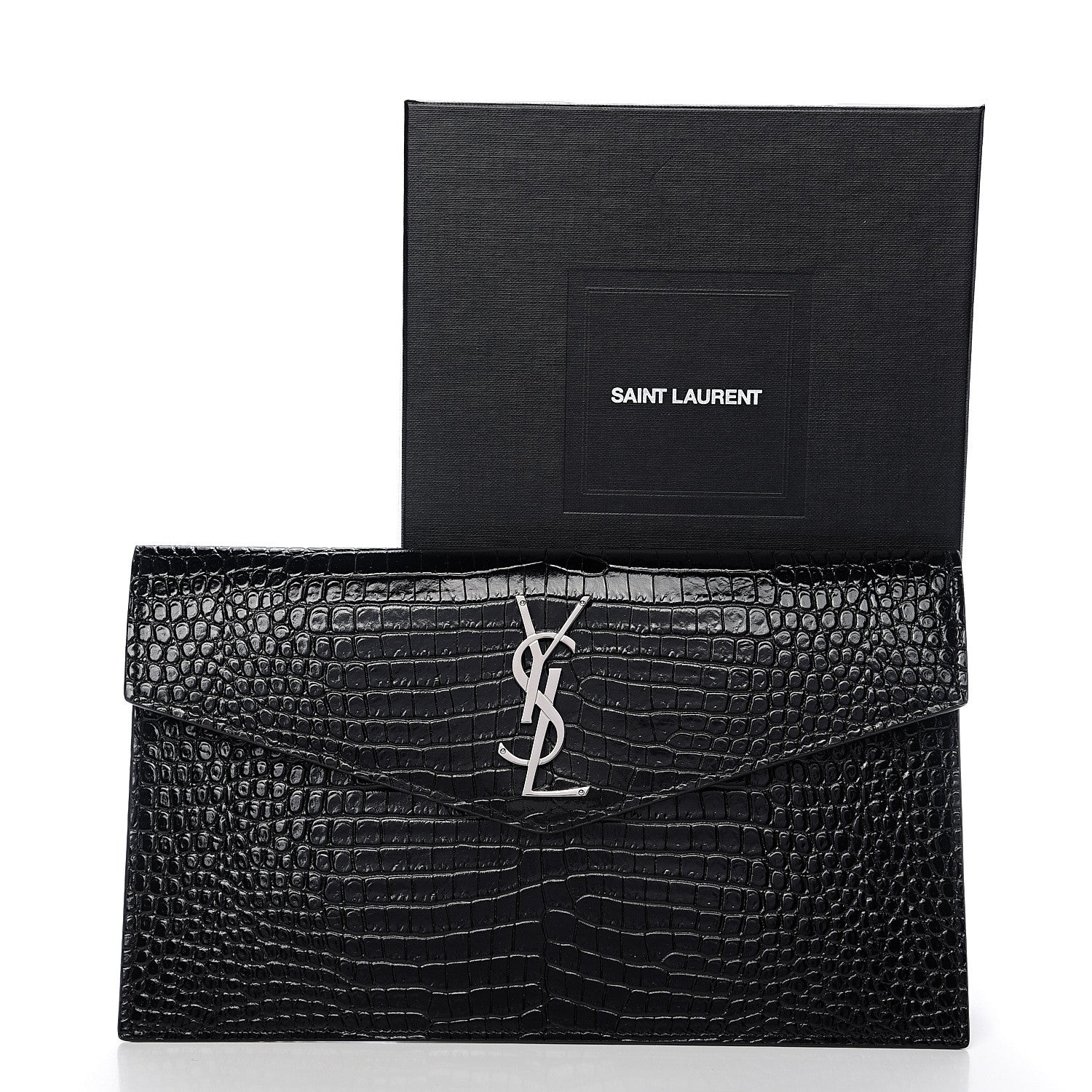Saint Laurent Calfskin Crocodile Embossed Uptown Monogram Clutch Black 6 of 6