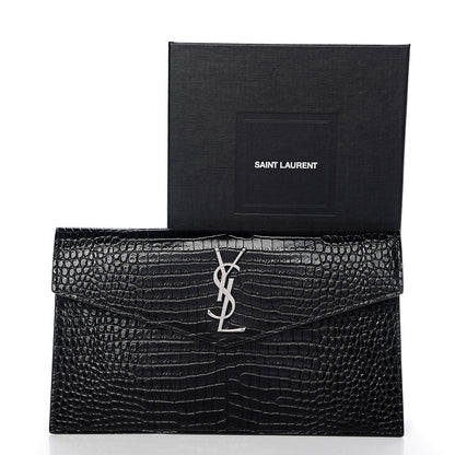 Saint Laurent Calfskin Crocodile Embossed Uptown Monogram Clutch Black 6 of 6