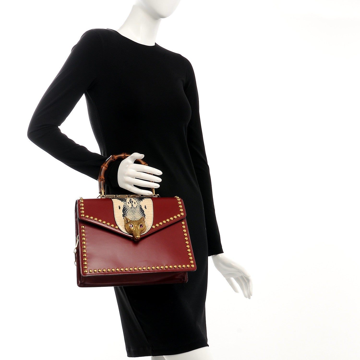 Gucci Glossy Calfskin Snakeskin Studded Fox Broche Bamboo Top Handle Bag Red 3 of 9