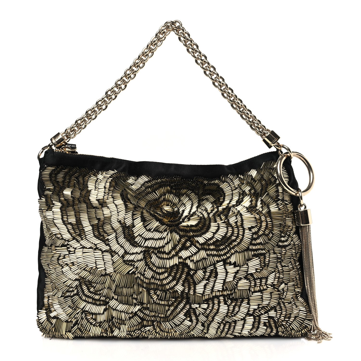 Jimmy Choo Silk Sequin Tassel Callie Shoulder Bag Black Gold 1 of 8