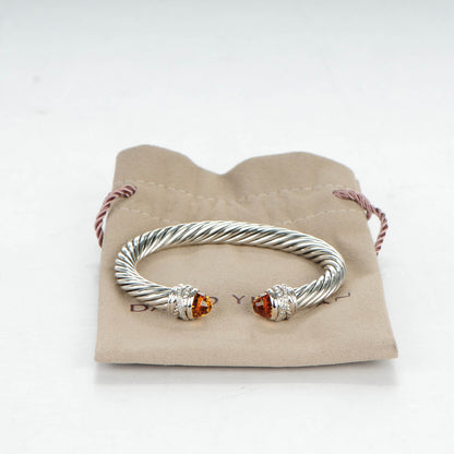 David Yurman Sterling Silver Diamond Citrine 7mm Cable Crossover Bracelet 5 of 5