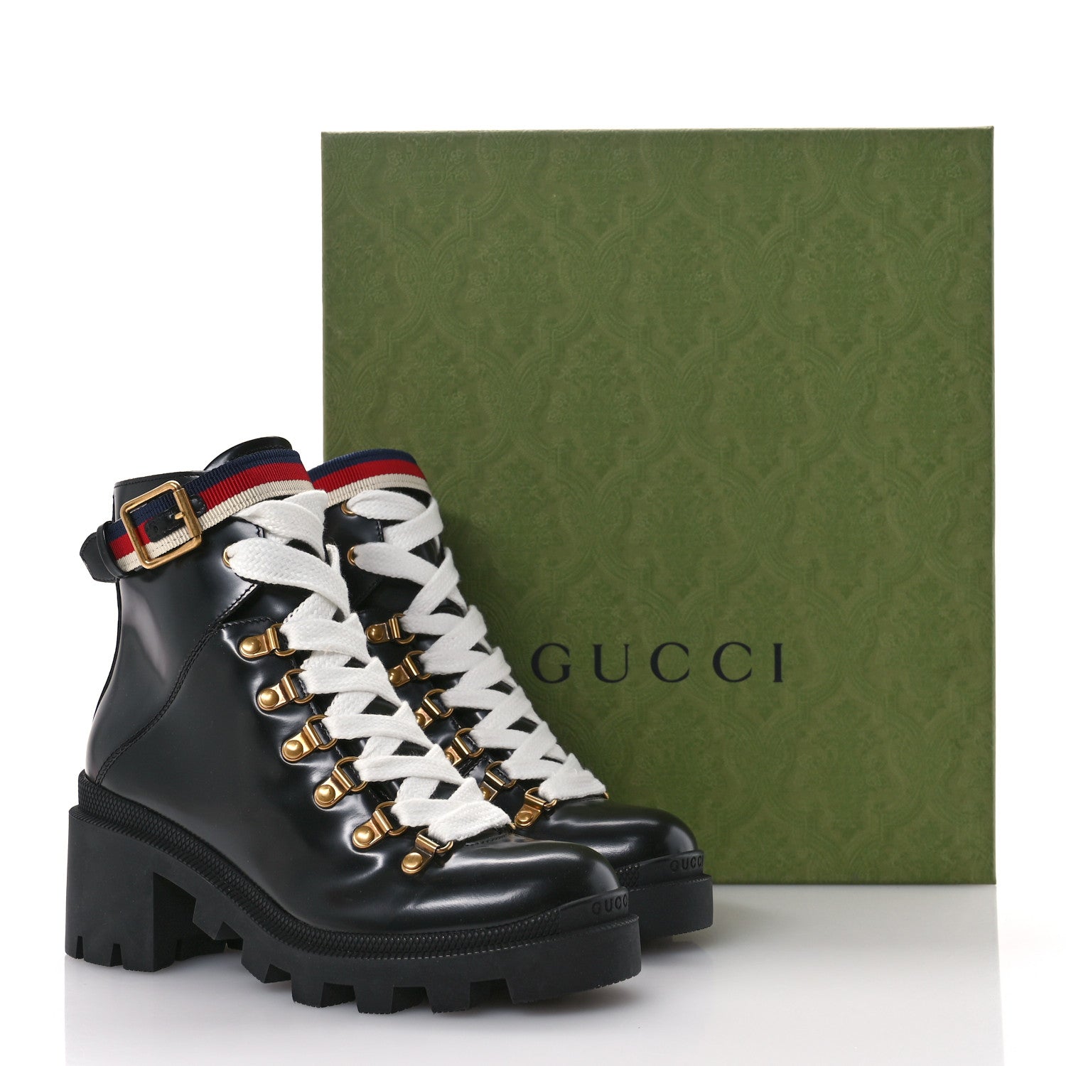 Gucci Calfskin Sylvie Web Womens Lace Up Combat Boots 35 Black 9 of 9