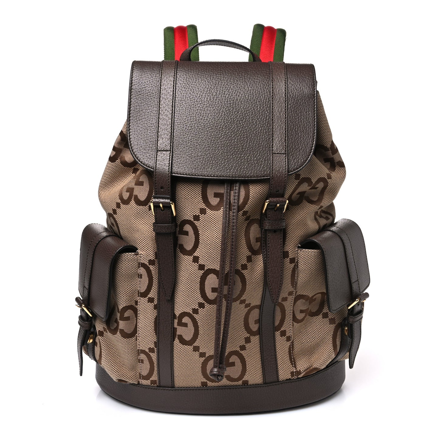 Monogram Jumbo GG Textured Dollar Calfskin Web Double Buckle Backpack Camel Ebony New Acero