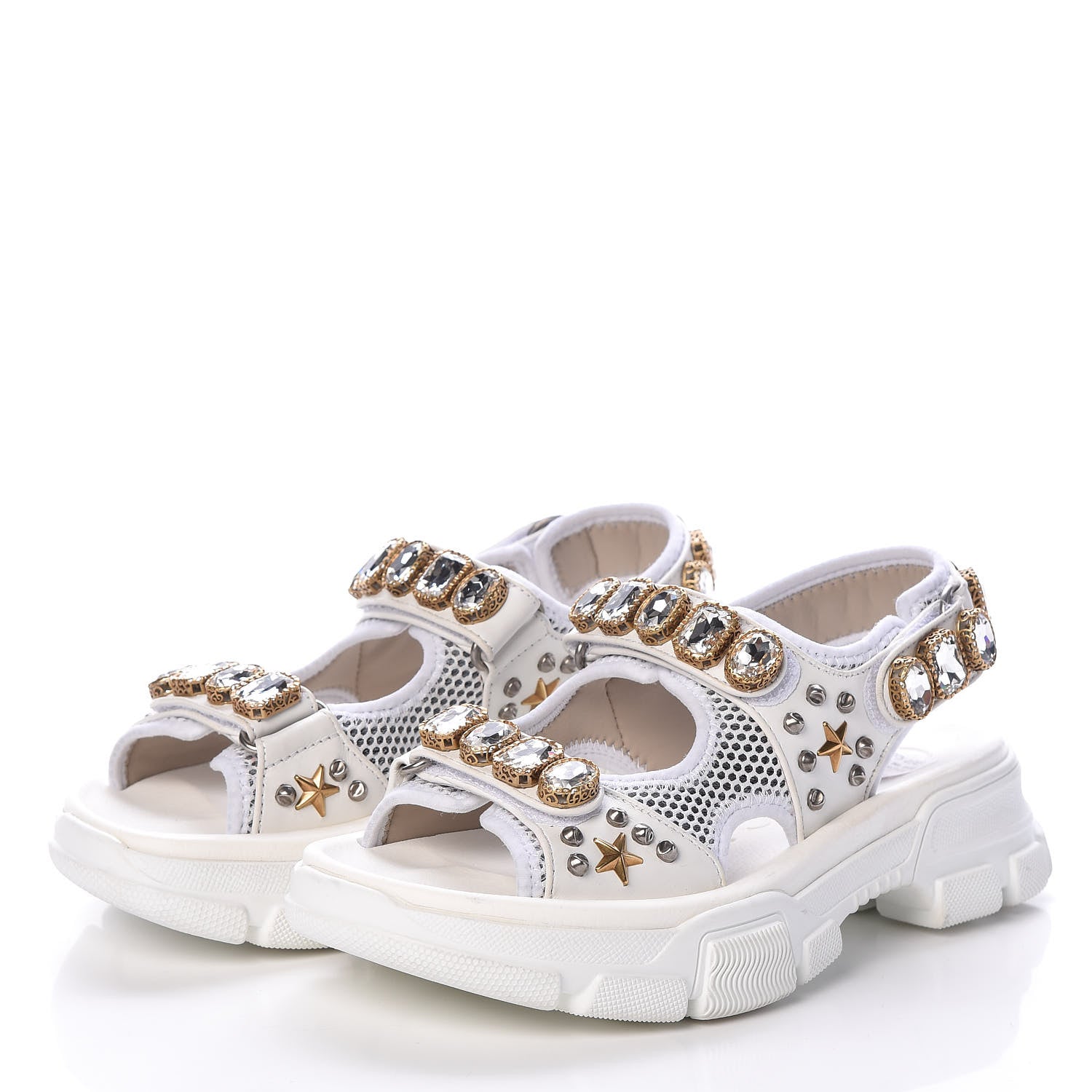 Gucci Nappa Mesh Crystal Embellished Studded Womens Aguru Sandals 37 Great White 3 of 8
