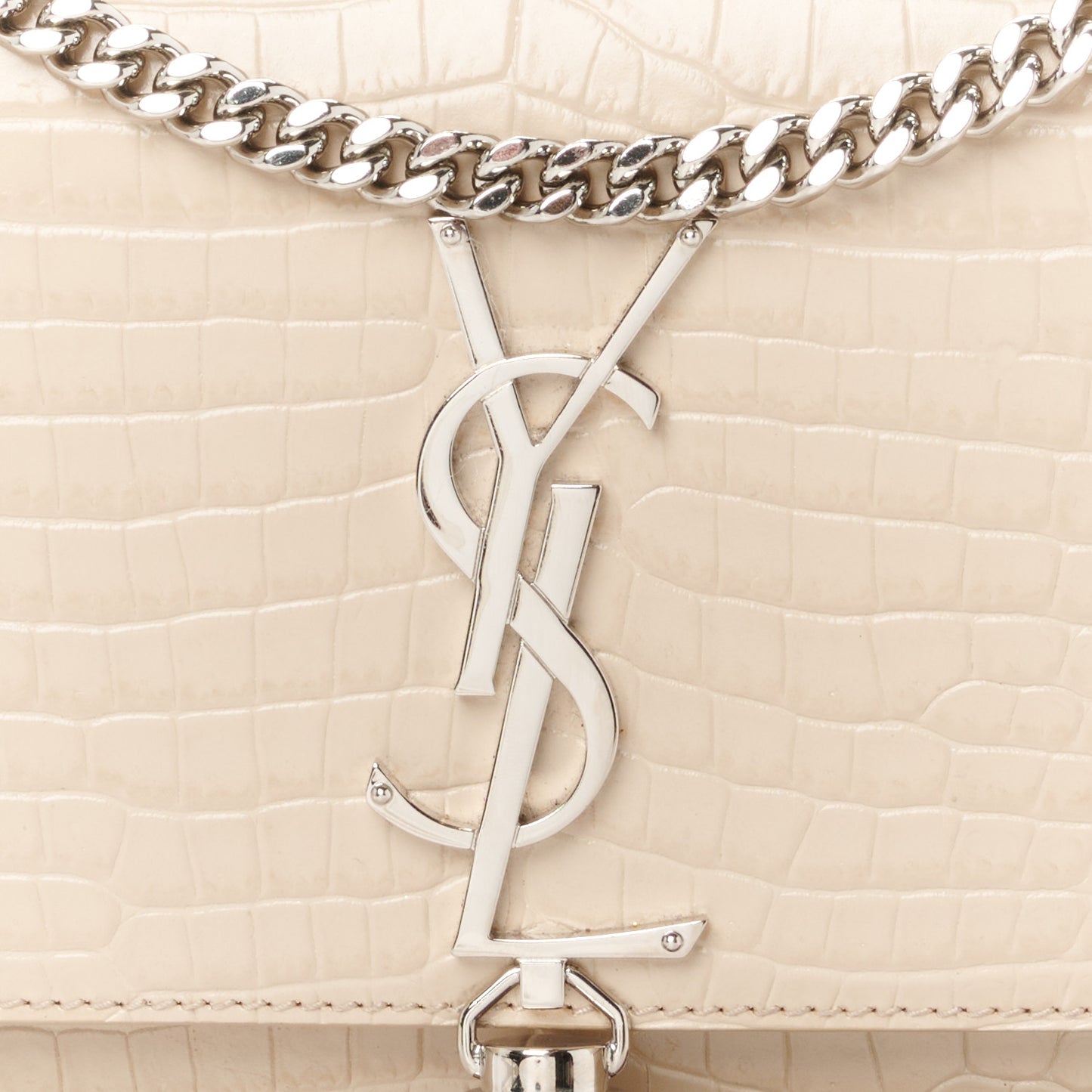 Calfskin Crocodile Embossed Small Classic Monogram Kate Tassel Satchel Nude Powder